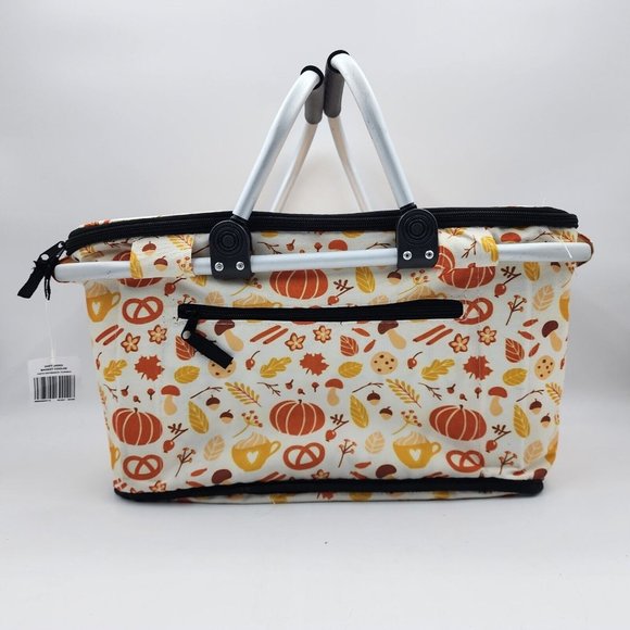 Fall Soft Sided Picnic Basket Zip Cooler Pumpkins Pretzels Coffee Orange 18.25" - Picture 1 of 16